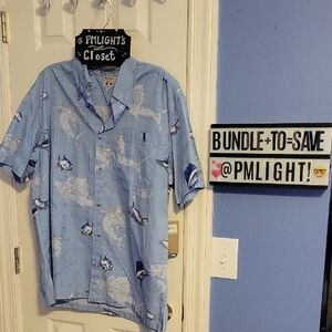 Columbia Large Button Up Shirt Short Sleeve Blue Saltwater Map Fish Print New